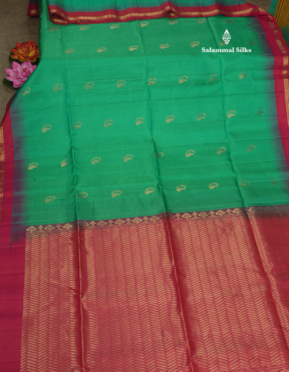 Parrot Green Pure Kanjivaram Soft Silk Saree With Contrast Pink Small Traditional Border