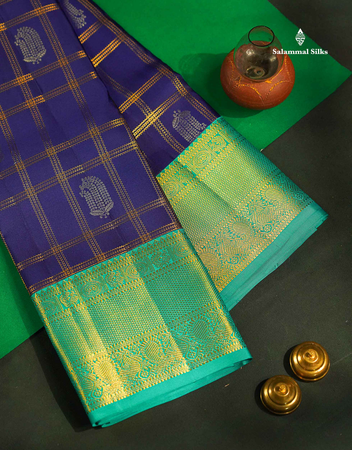 Korvai Pure Kanjivaram Silk Saree - Navy Blue Colour Body Checks With Butta & Contrast Teal Green Traditional Border