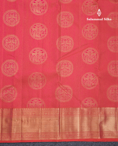 Reddish Pink Vairaoosi Checks And Traditional Buttas Grand Bridal Pure Kanjivaram Silk Saree With Self Border