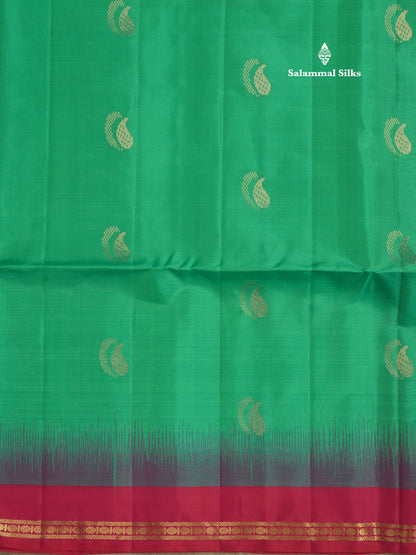 Parrot Green Pure Kanjivaram Soft Silk Saree With Contrast Pink Small Traditional Border