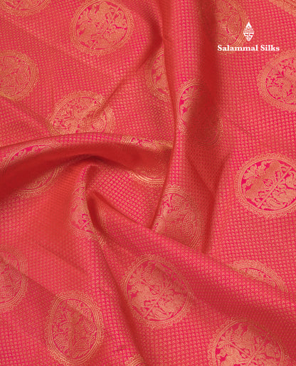 Reddish Pink Vairaoosi Checks And Traditional Buttas Grand Bridal Pure Kanjivaram Silk Saree With Self Border
