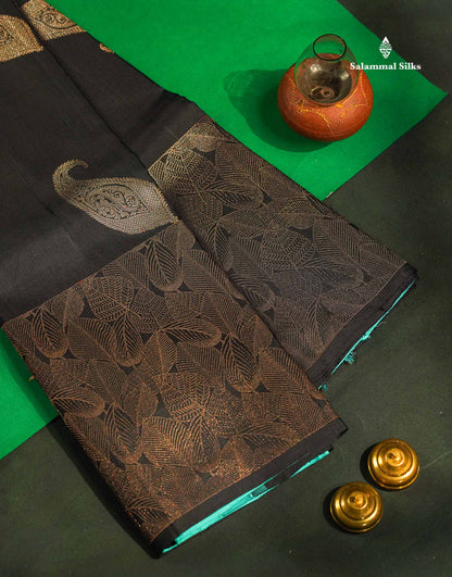 Black Fancy Pure Kanjivaram Silk Saree With Contrast Rexona Blouse