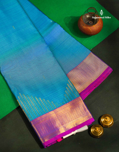 Dual Tone Peacock Blue Pure Kanjivaram Silk Saree With Contrast Vadamalli Small Border