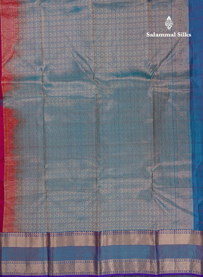 Beautiful Magenta Checks With Butta Pure Kanjivaram Silk Saree With Contrast Dual Tone Blue Traditional Border