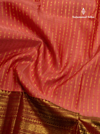Kanjivaram Beautiful Pinkish Peach Pure Silk Saree With Maroon Long Border
