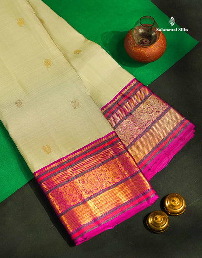 Korvai Pure Kanjivaram Silk Saree - Greenish Grey Colour Body With Contrast Magenta Pink Traditional Evening Morning Border