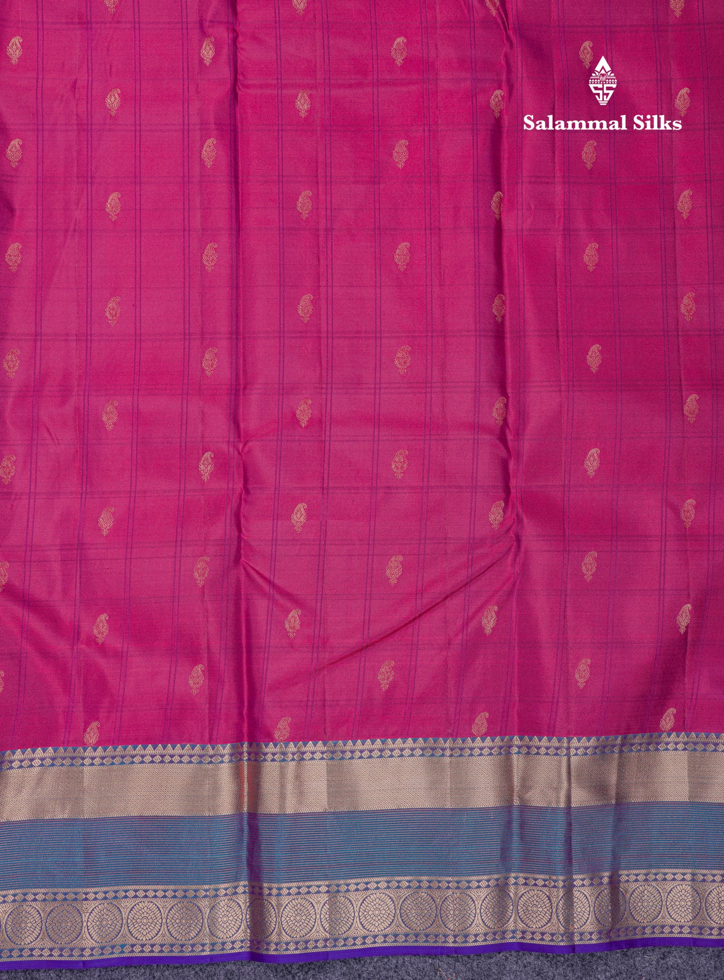 Beautiful Magenta Checks With Butta Pure Kanjivaram Silk Saree With Contrast Dual Tone Blue Traditional Border
