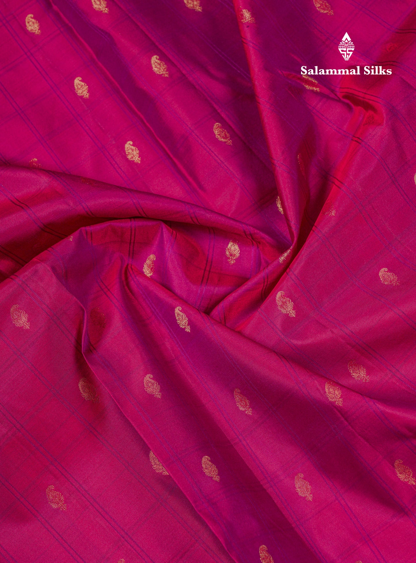 Beautiful Magenta Checks With Butta Pure Kanjivaram Silk Saree With Contrast Dual Tone Blue Traditional Border