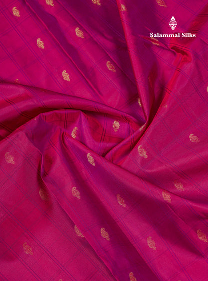 Beautiful Magenta Checks With Butta Pure Kanjivaram Silk Saree With Contrast Dual Tone Blue Traditional Border