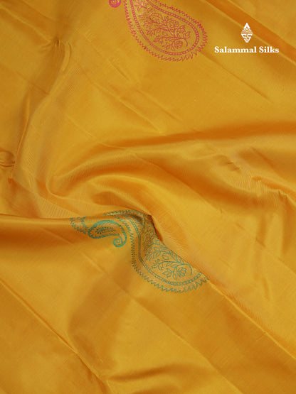 Beautiful Yellow Fancy Pure Kanjivaram Silk Saree With Contrast Pink Blouse