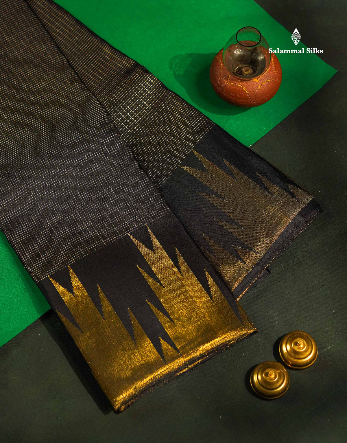 Beautiful Black Zari Tiny Checks Pure Kanjivaram Silk Saree with 8 Kol Traditional Temple Border