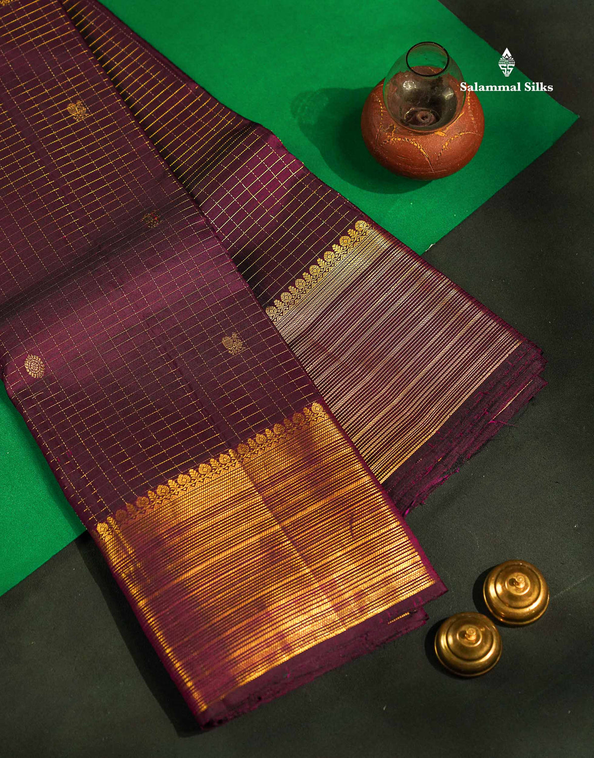 Beautiful Dark Purple Small Zari Checks With Butta Pure Kanjivaram Silk Saree With Traditional Border