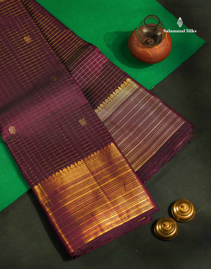 Beautiful Dark Purple Small Zari Checks With Butta Pure Kanjivaram Silk Saree With Traditional Border