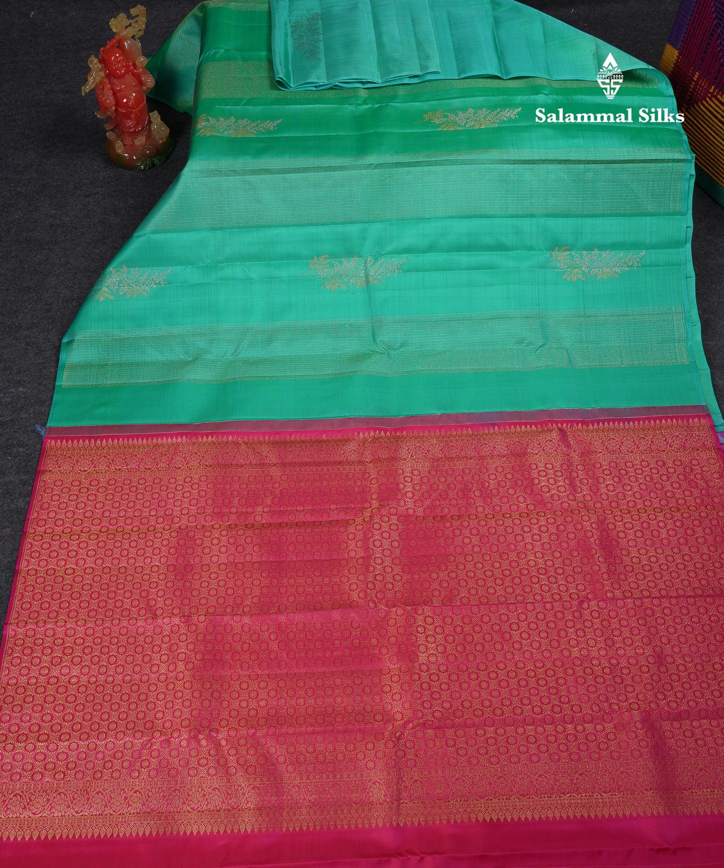 Beautiful Sapphire Green Fancy Pure Kanjivaram Silk Saree With Contrast Pink Blouse