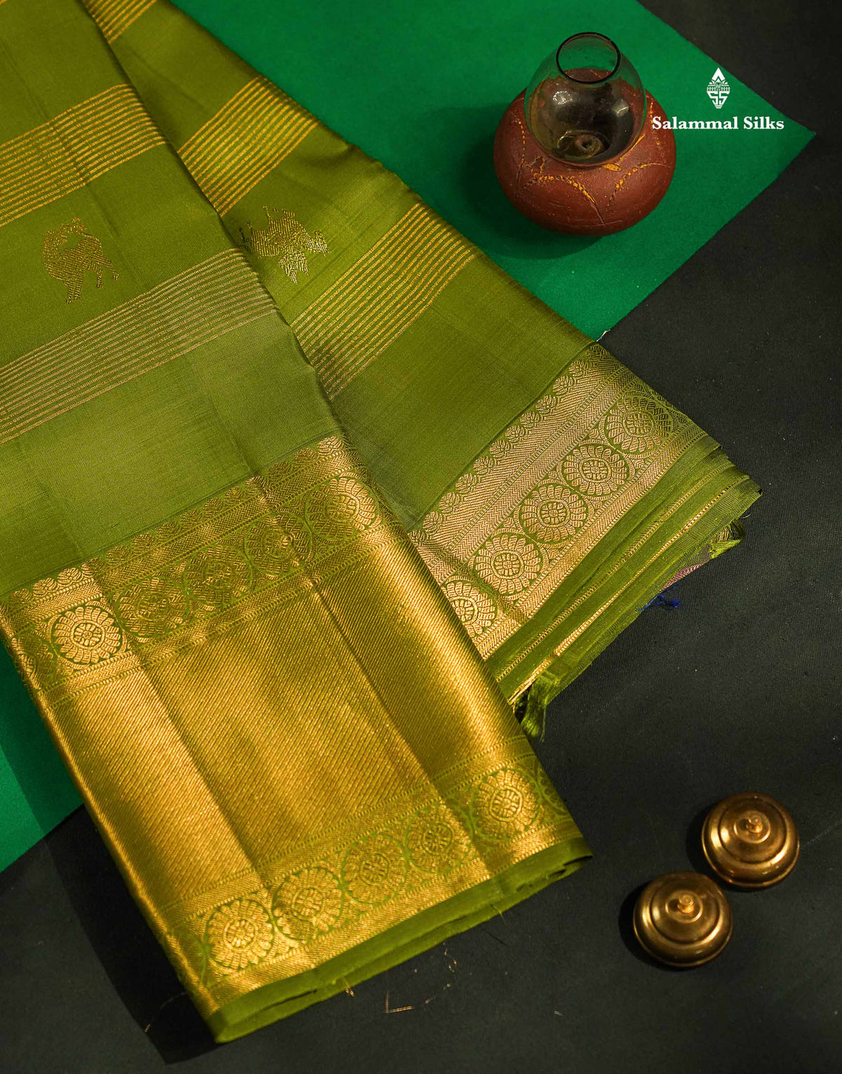 Pure Kanjivaram Silk Saree - Olive Green Colour Body Horizontal Zari Stripes With Evening Morning Border