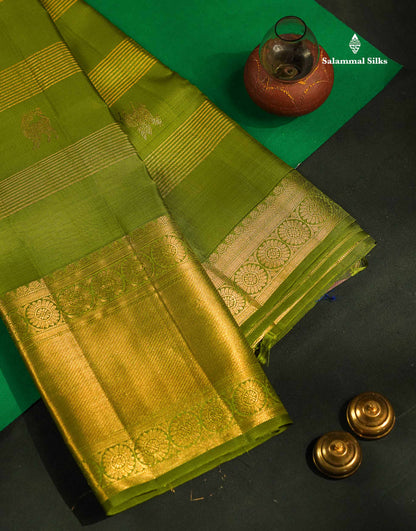 Pure Kanjivaram Silk Saree - Olive Green Colour Body Horizontal Zari Stripes With Evening Morning Border