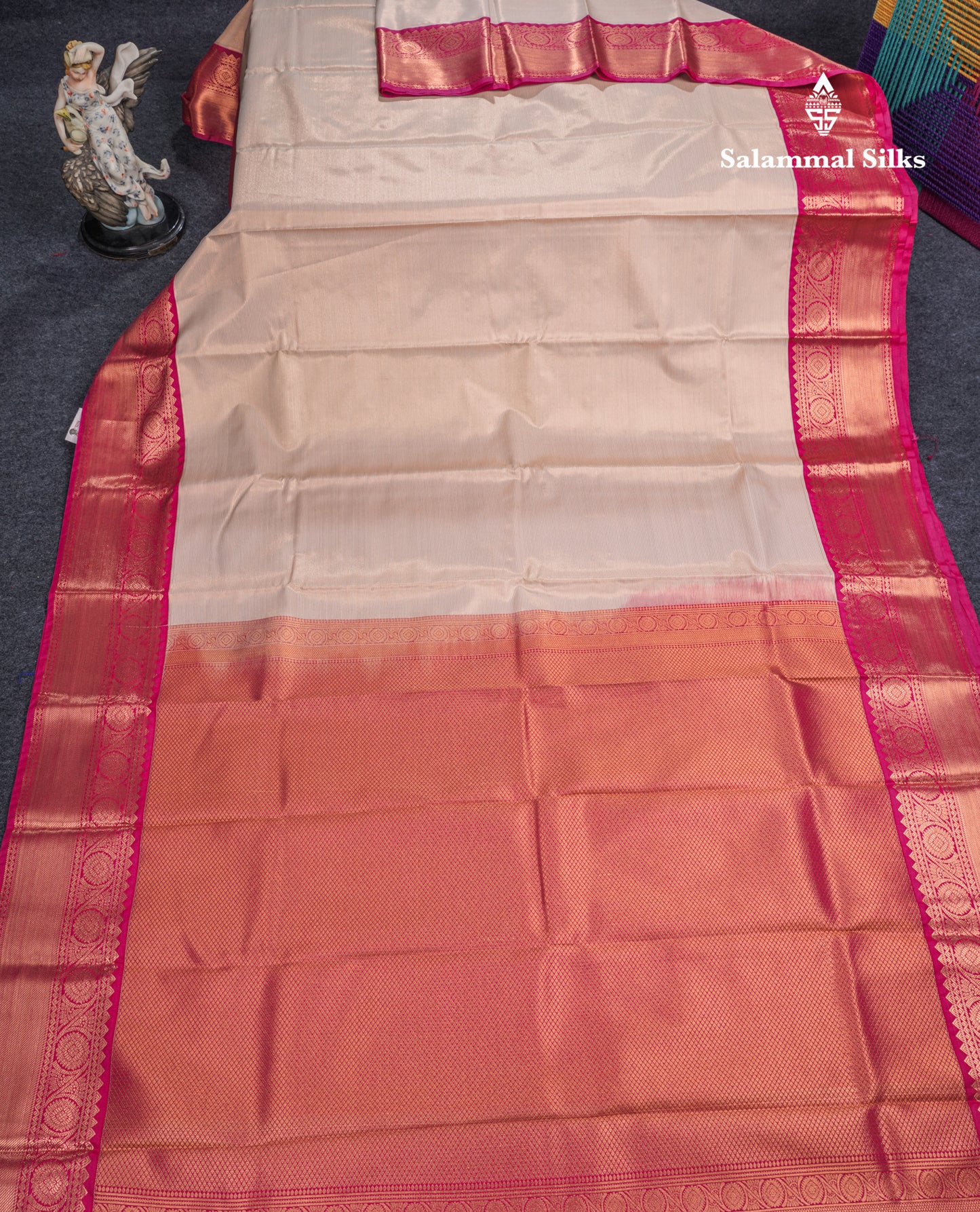 Cream Beautiful Traditional Varaoosi Semi Silk Saree With Contrast Pink Border