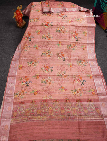 Beautiful Light Chocolate Floral Design Cotton Mix Saree With Copper & Silver Zari Fancy Border
