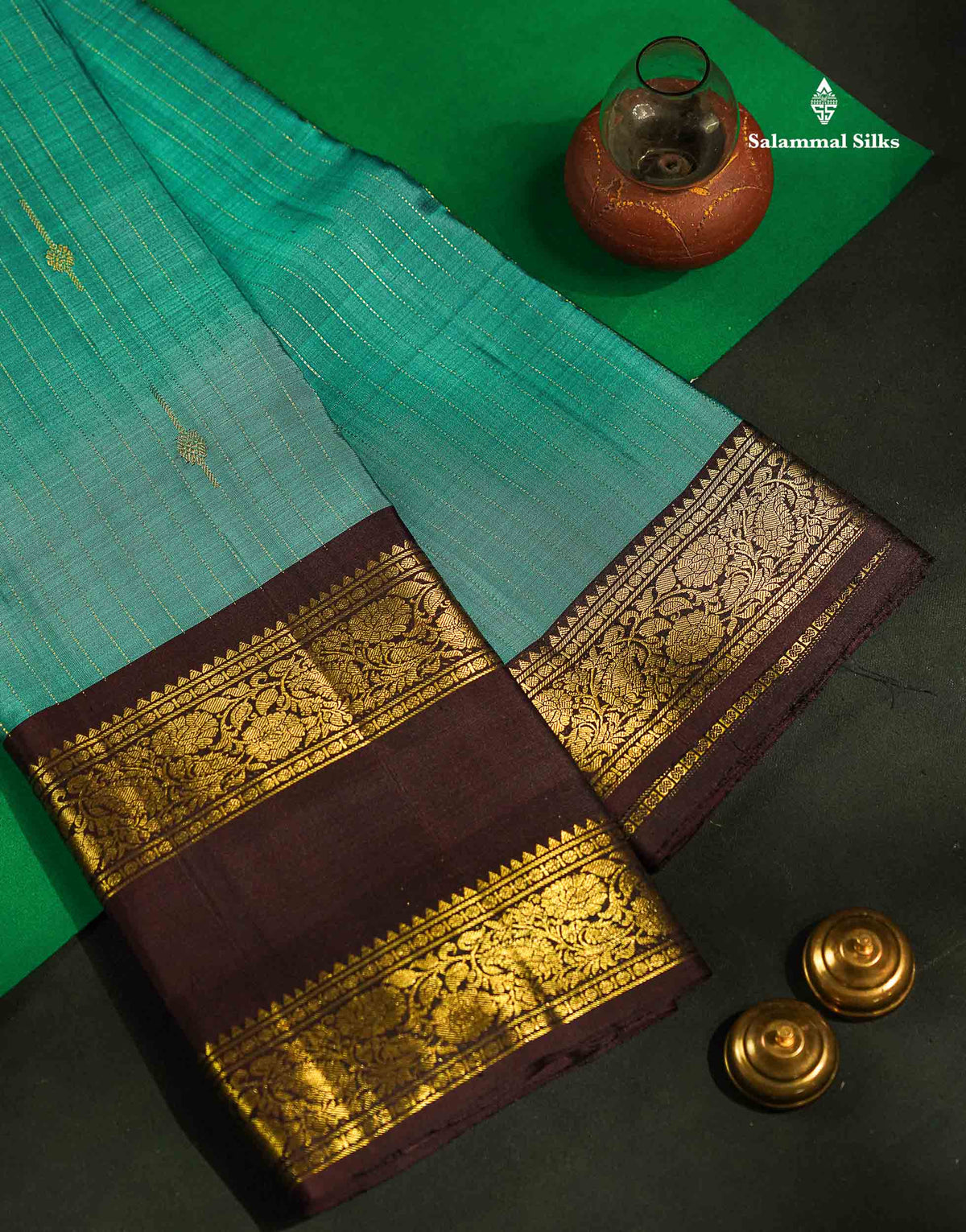 Beautiful Teal Green Pure Kanjivaram Silk Saree With Contrast Dark Brown Traditional Gap Evening Morning Border