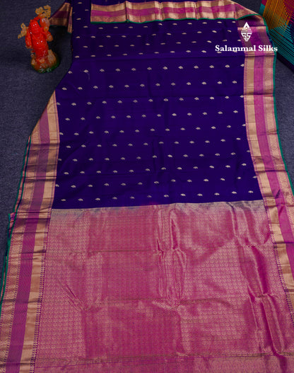 Beautiful Magenta Checks With Butta Pure Kanjivaram Silk Saree With Contrast Dual Tone Blue Traditional Border