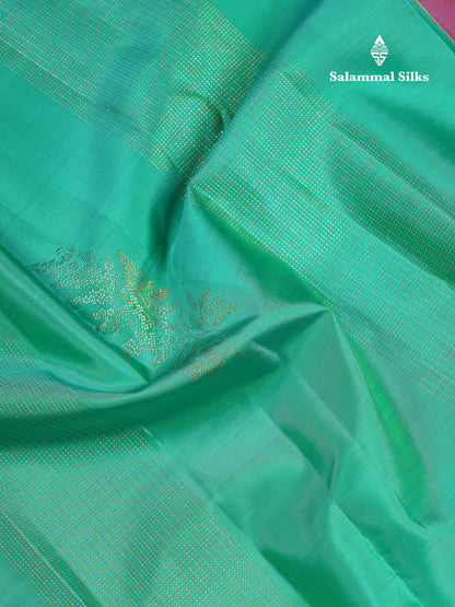Beautiful Sapphire Green Fancy Pure Kanjivaram Silk Saree With Contrast Pink Blouse