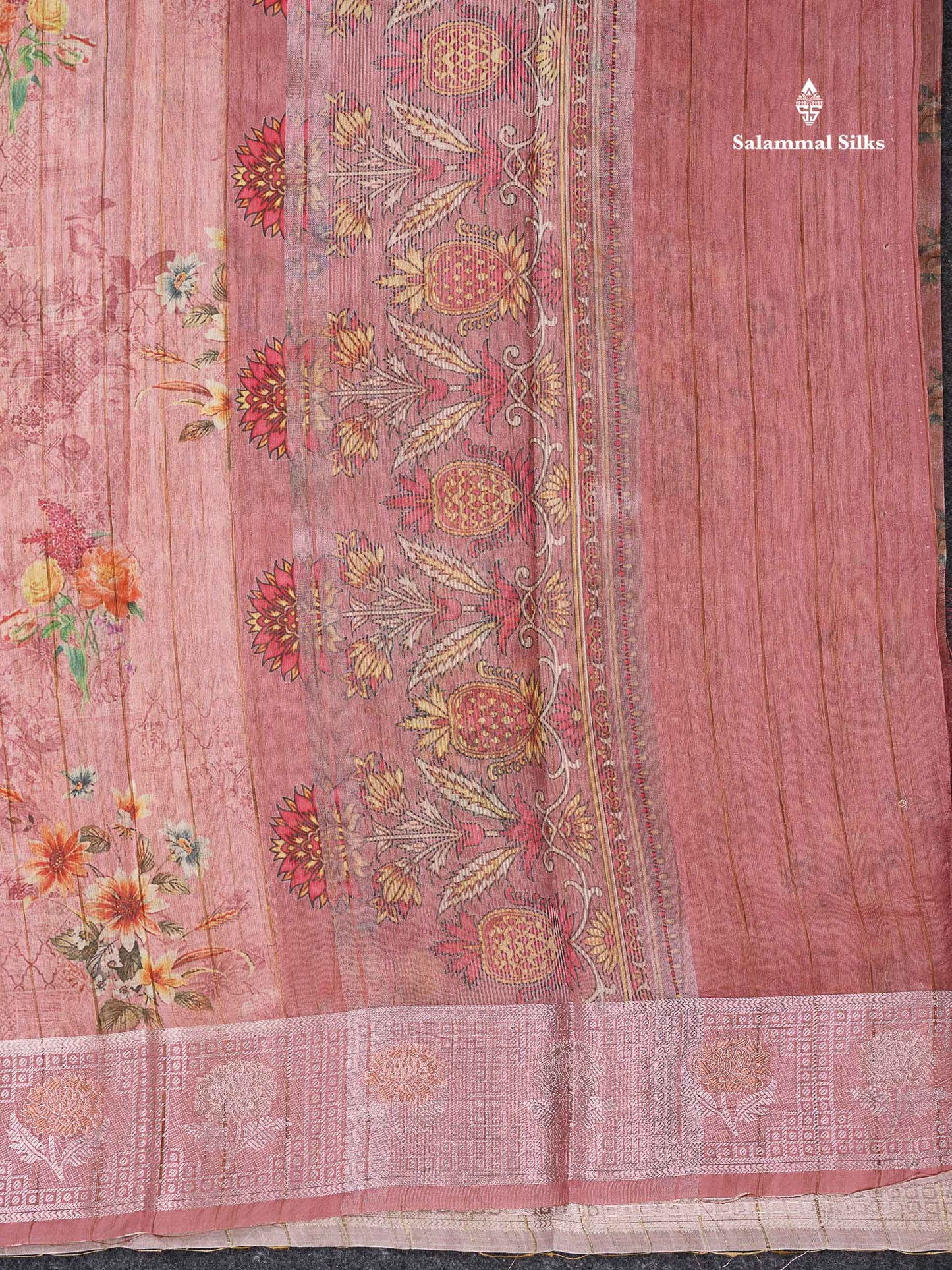Beautiful Light Chocolate Floral Design Cotton Mix Saree With Copper & Silver Zari Fancy Border