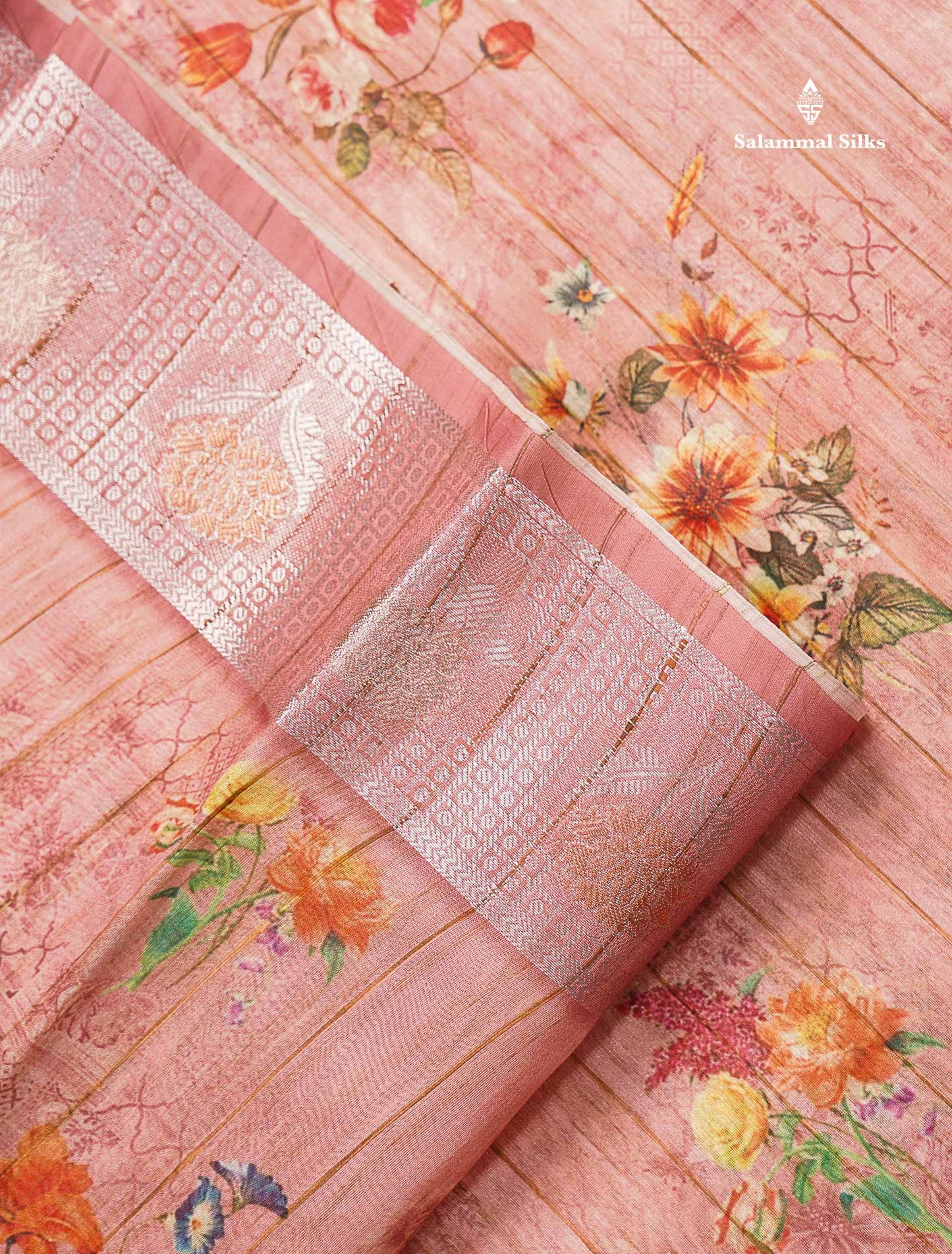 Beautiful Light Chocolate Floral Design Cotton Mix Saree With Copper & Silver Zari Fancy Border