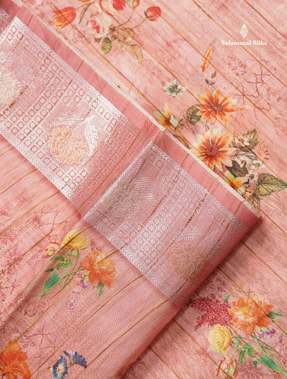 Beautiful Light Chocolate Floral Design Cotton Mix Saree With Copper & Silver Zari Fancy Border