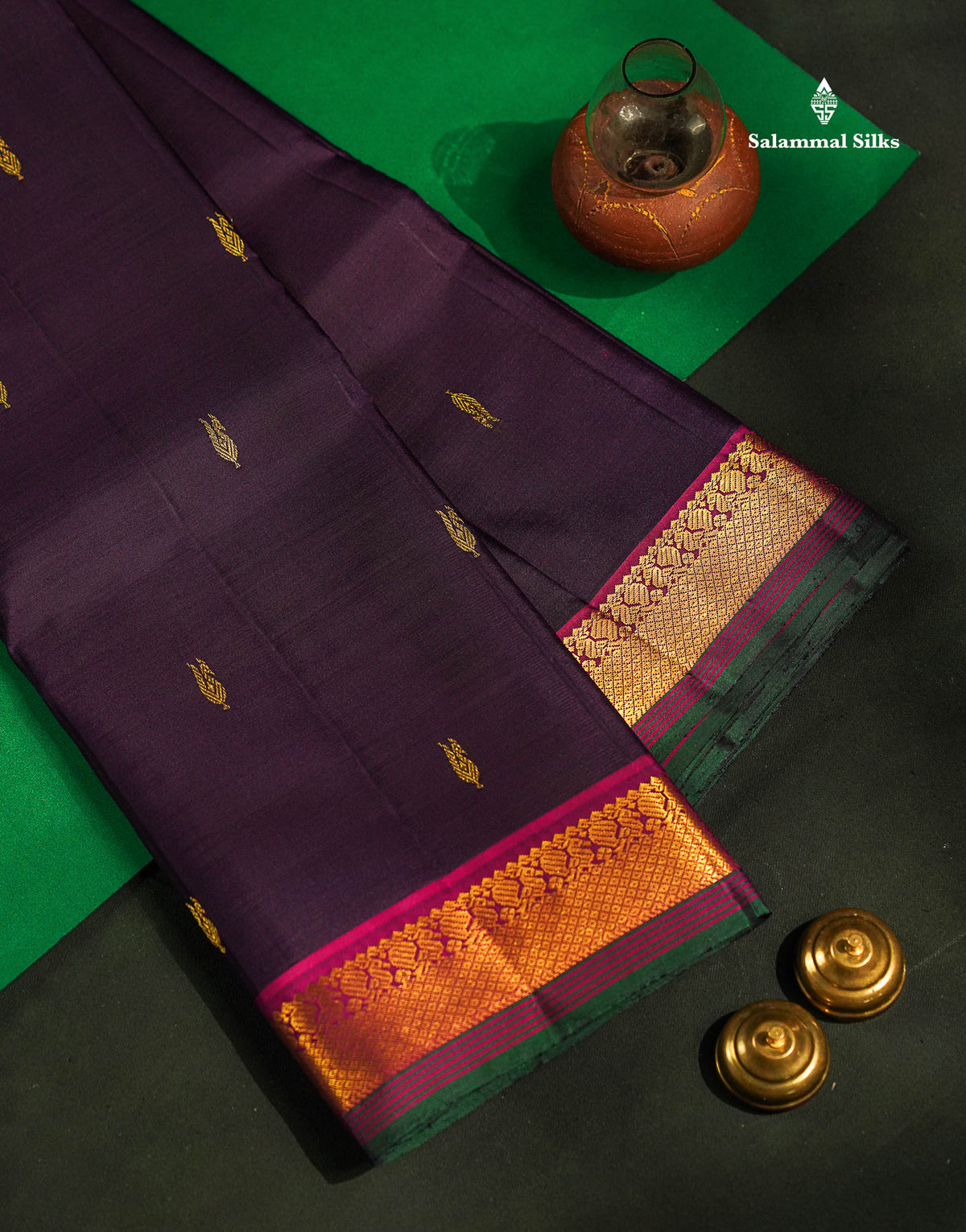 Pure Kanjivaram Silk Saree - Dark Purple Colour Body Zari Butta With Contrast Pink Small Border