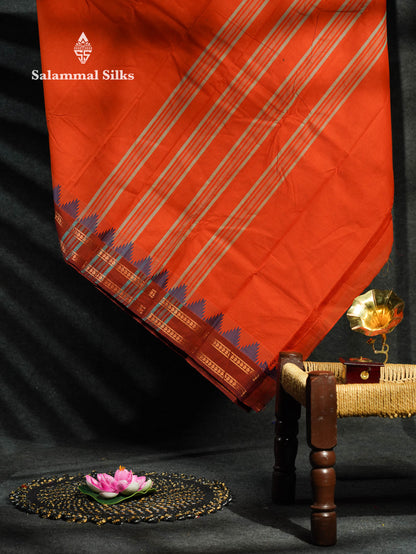 Beautiful Grey Plain Pure Chettinad  Cotton Saree With Violet Thread Work Traditional Temple And Double Border