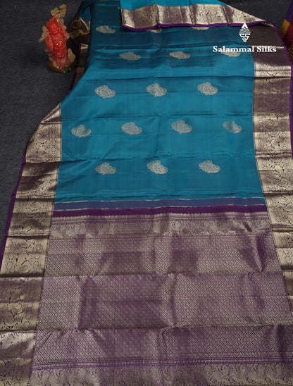 Beautiful Ramar Blue Pure Kanjivaram Silk Saree With Contrast Dark Purple Traditional Border