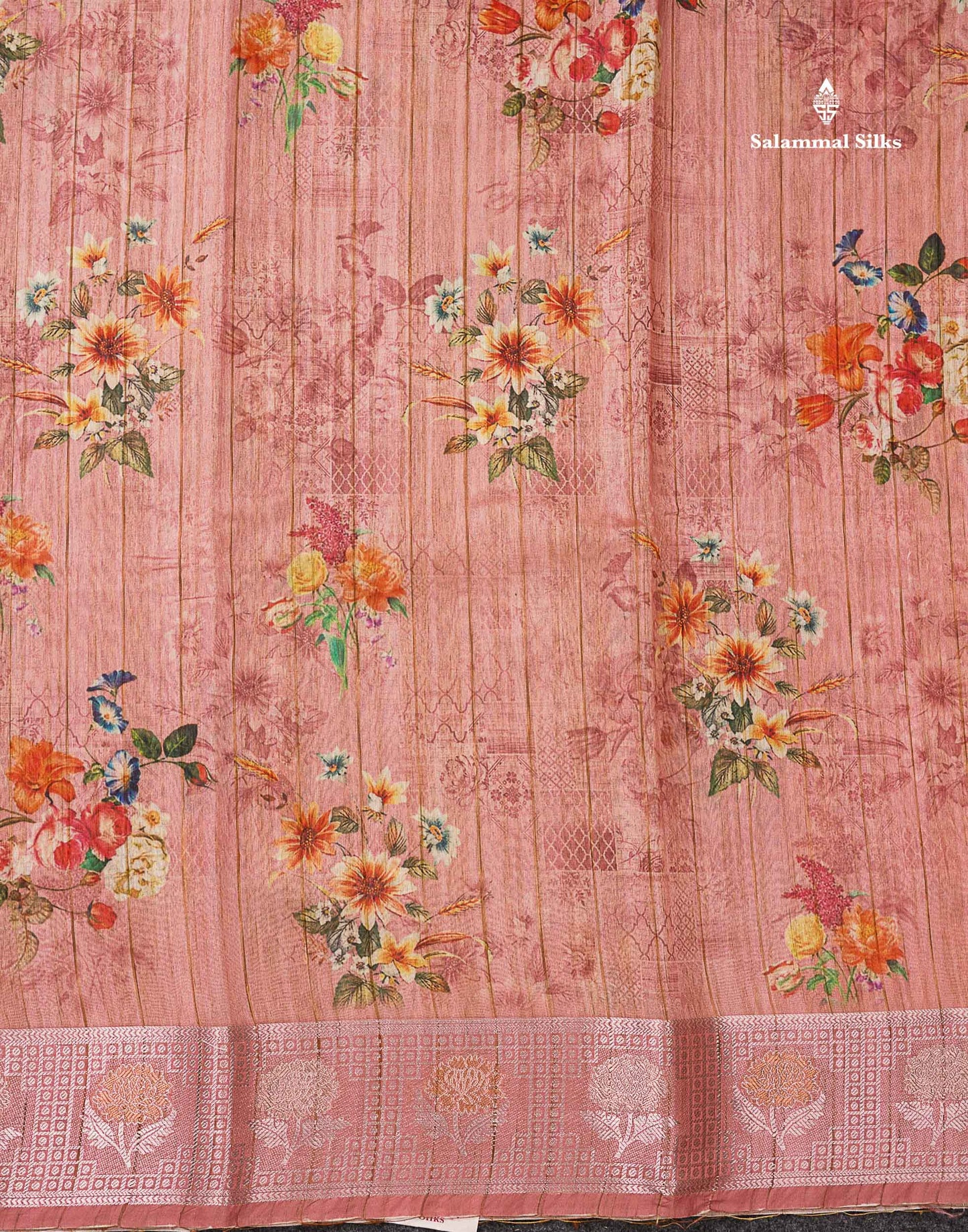Beautiful Light Chocolate Floral Design Cotton Mix Saree With Copper & Silver Zari Fancy Border