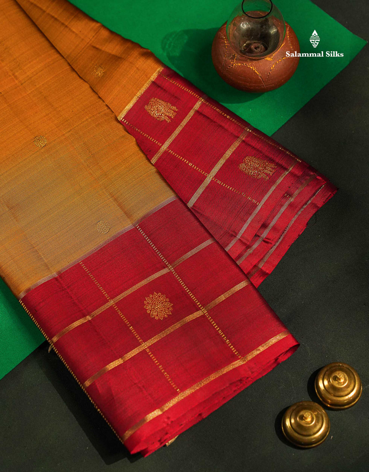 Pure Kanjivaram Silk Saree - Olive Mustard Yellow Colour Body Butta With Contrast Maroon Fancy Border