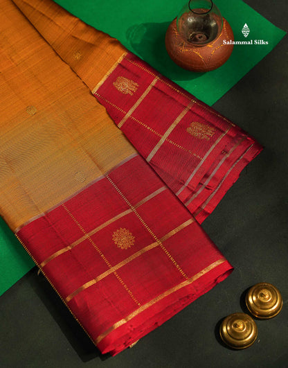 Pure Kanjivaram Silk Saree - Olive Mustard Yellow Colour Body Butta With Contrast Maroon Fancy Border