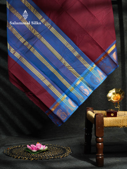 Beautiful Lavender Plain Pure Chettinad Cotton Saree With Maroon Traditional Border
