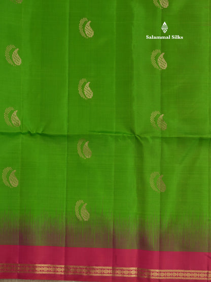 Parrot Green Pure Kanjivaram Soft Silk Saree With Contrast Pink Small Traditional Border