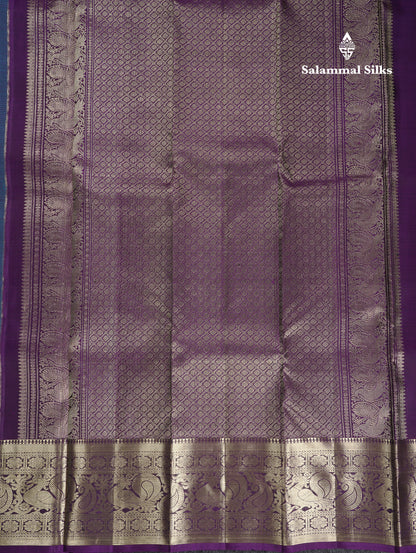 Beautiful Ramar Blue Pure Kanjivaram Silk Saree With Contrast Dark Purple Traditional Border