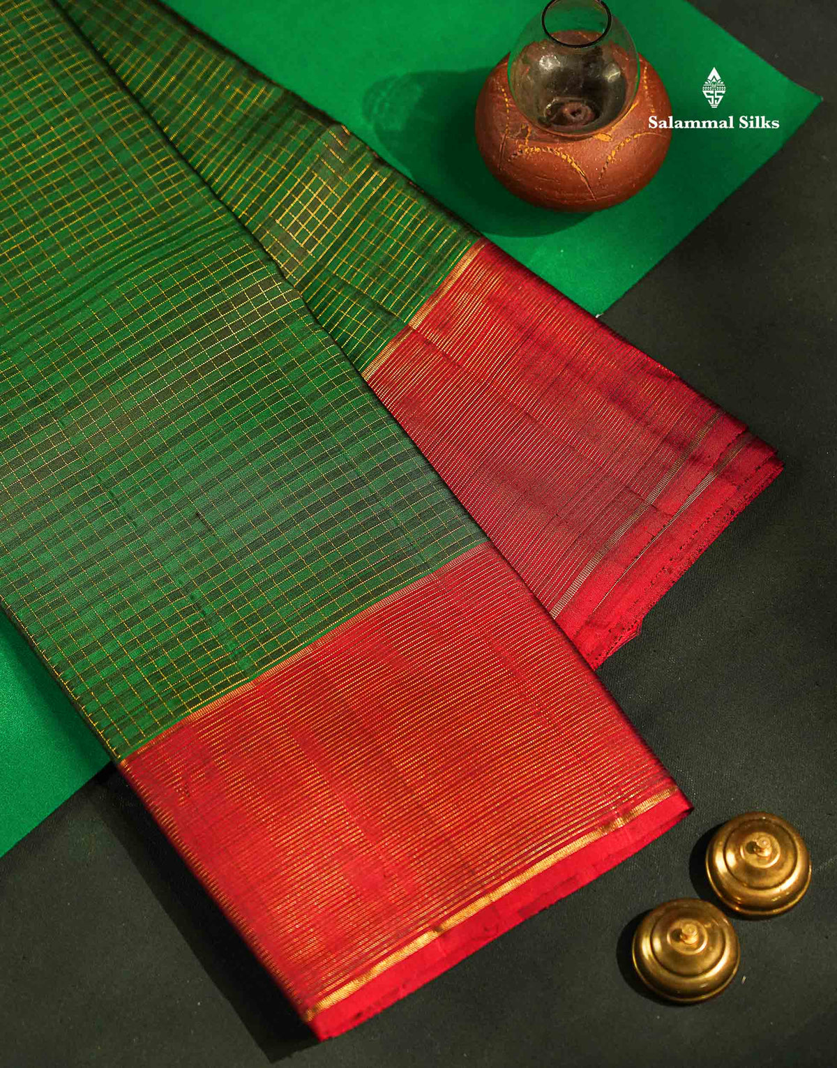 Pure Kanjivaram Silk Saree - Dual Tone Bottle Green Colour Body Small Checks & Contrast Maroon Vaira Oosi Lines Border