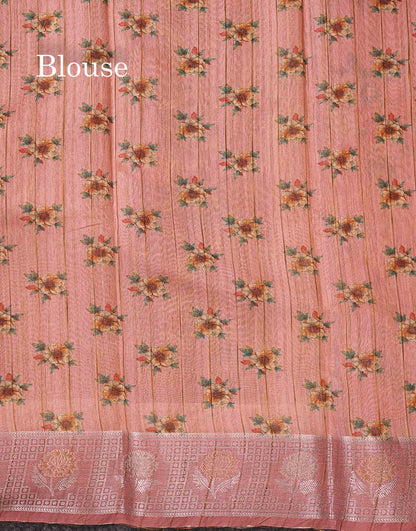 Beautiful Light Chocolate Floral Design Cotton Mix Saree With Copper & Silver Zari Fancy Border