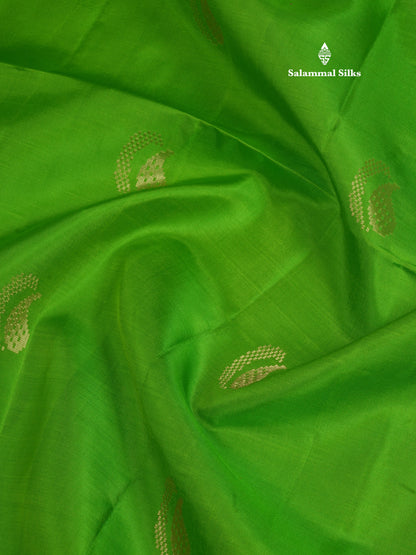 Parrot Green Pure Kanjivaram Soft Silk Saree With Contrast Pink Small Traditional Border