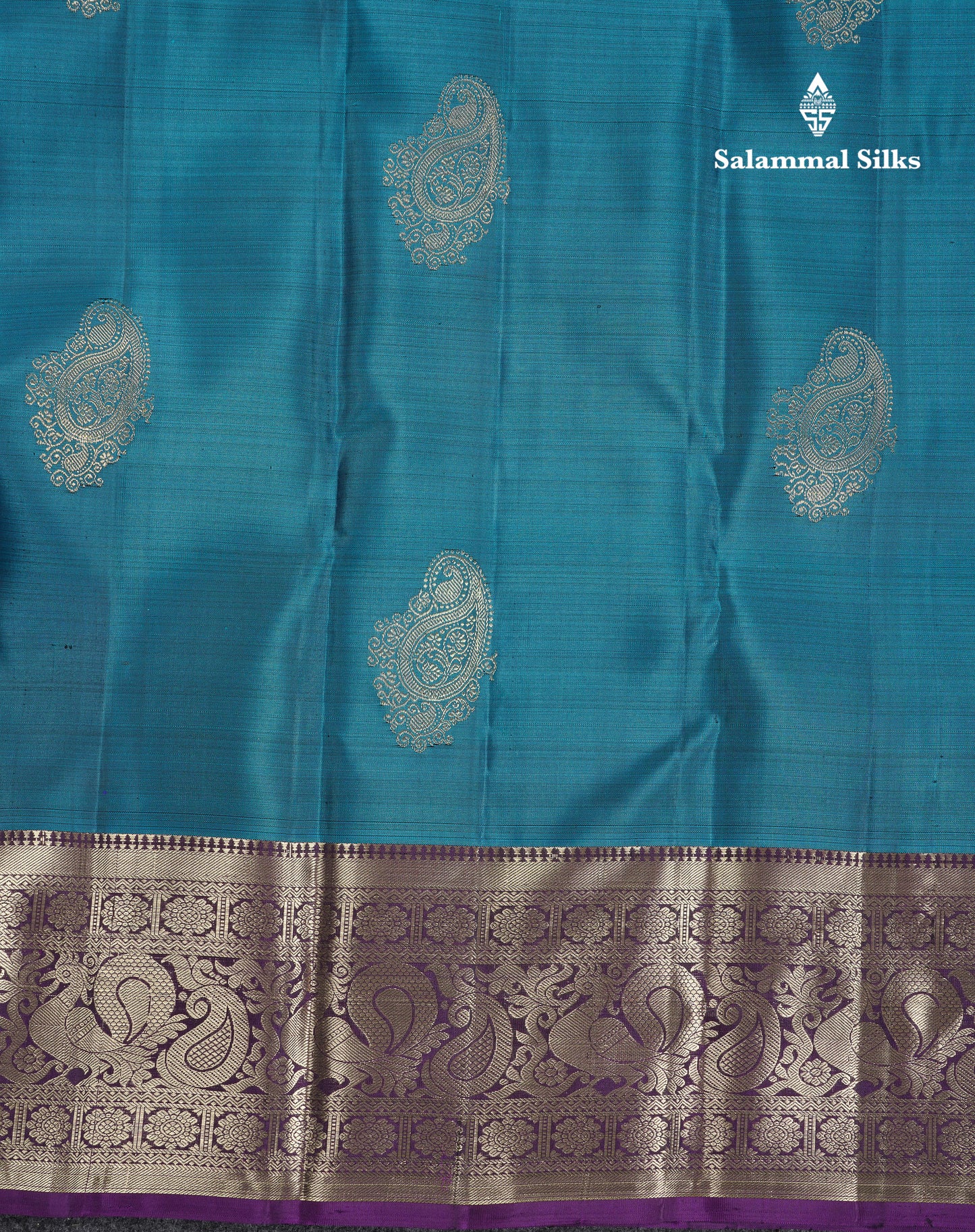 Beautiful Ramar Blue Pure Kanjivaram Silk Saree With Contrast Dark Purple Traditional Border
