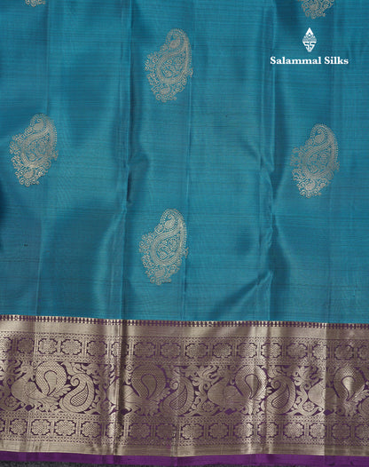 Beautiful Ramar Blue Pure Kanjivaram Silk Saree With Contrast Dark Purple Traditional Border