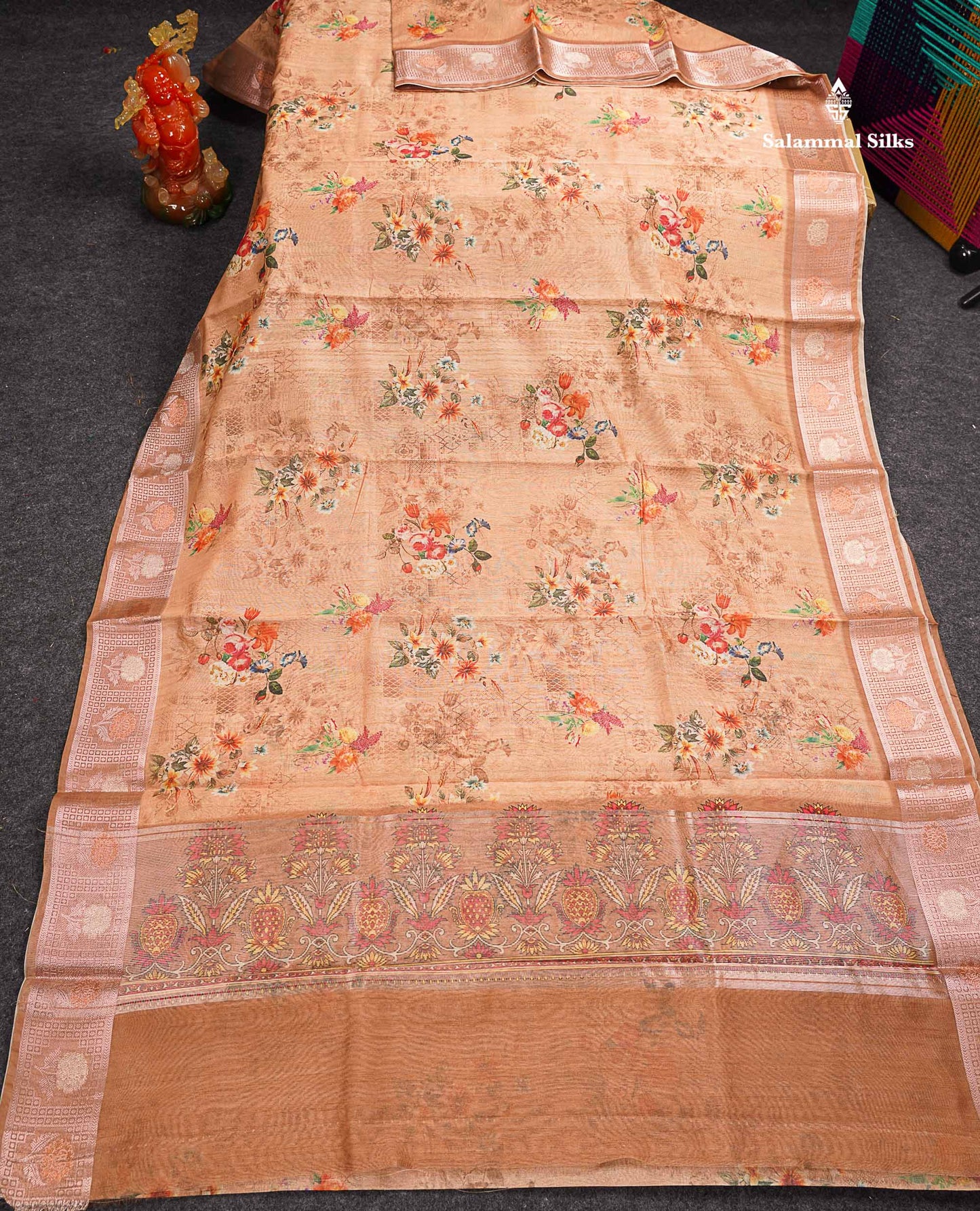 Beautiful Light Chocolate Floral Design Cotton Mix Saree With Copper & Silver Zari Fancy Border