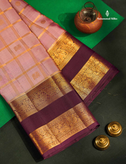 Pure Kanjivaram Silk Saree - Onion Pink Colour Body Checks With Butta & Contrast Wine Purple Gap Border