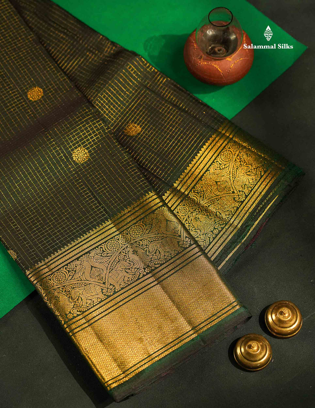 Beautiful Bottle Green Small Zari Checks With Butta Pure Kanjivaram Silk Saree With Traditional Evening Morning Border