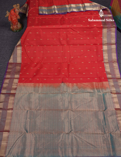 Beautiful Magenta Checks With Butta Pure Kanjivaram Silk Saree With Contrast Dual Tone Blue Traditional Border