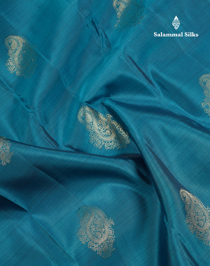 Beautiful Ramar Blue Pure Kanjivaram Silk Saree With Contrast Dark Purple Traditional Border