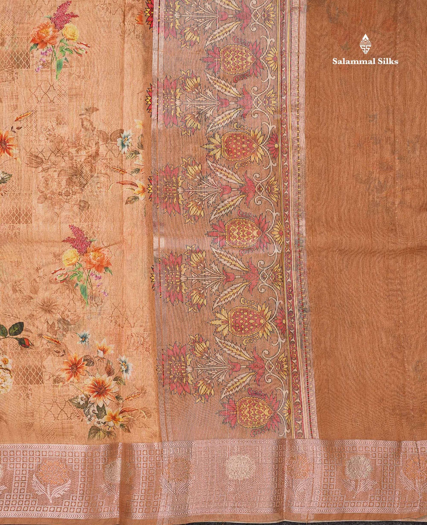 Beautiful Light Chocolate Floral Design Cotton Mix Saree With Copper & Silver Zari Fancy Border