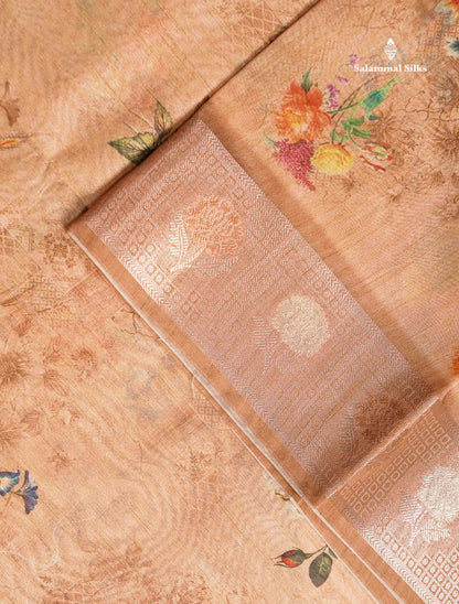 Beautiful Light Chocolate Floral Design Cotton Mix Saree With Copper & Silver Zari Fancy Border