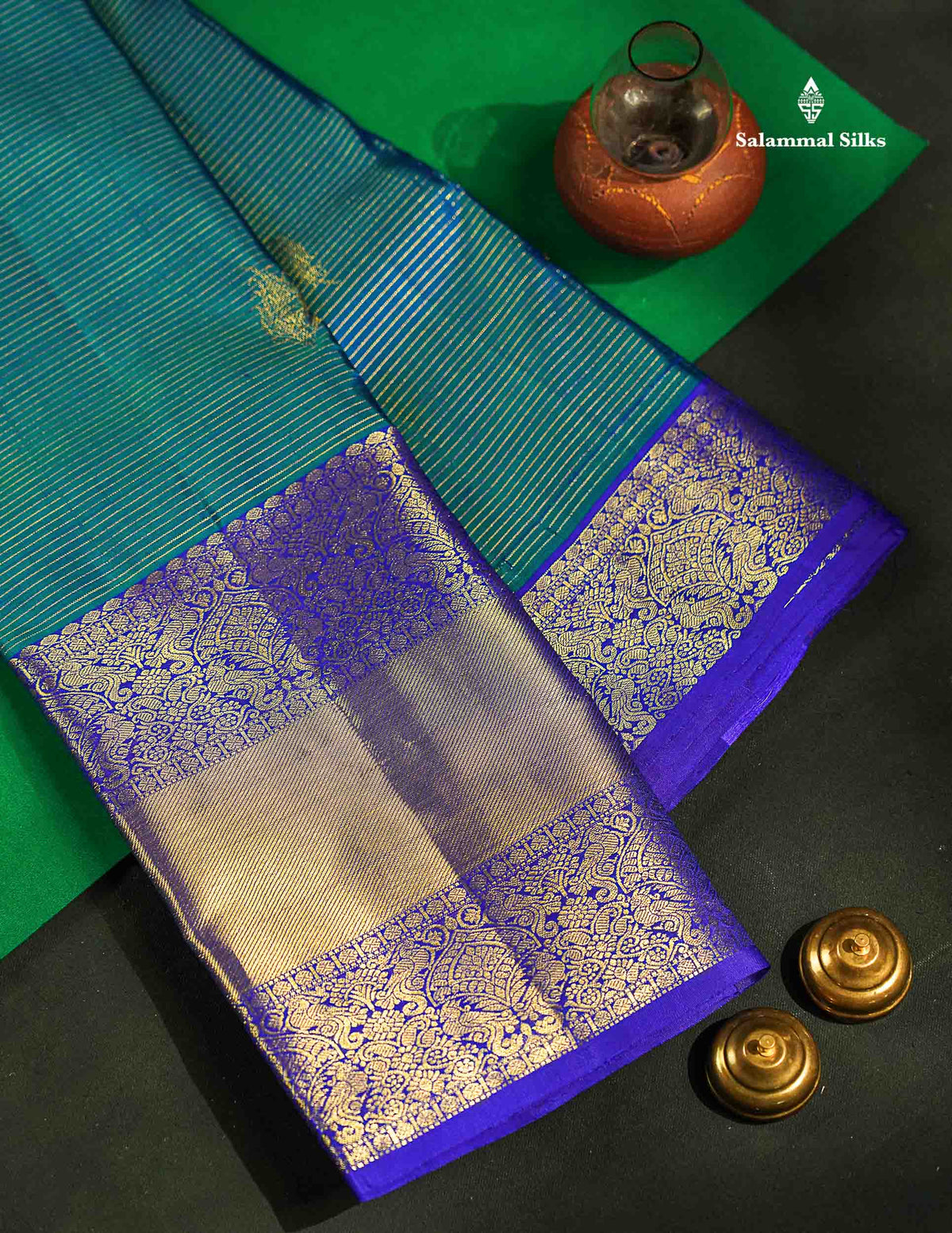 Pure Kanjivaram Silk Saree - Peacock Blue Colour Body Zari Lines With Butta & Contrast Violet Traditional Evening Morning Border